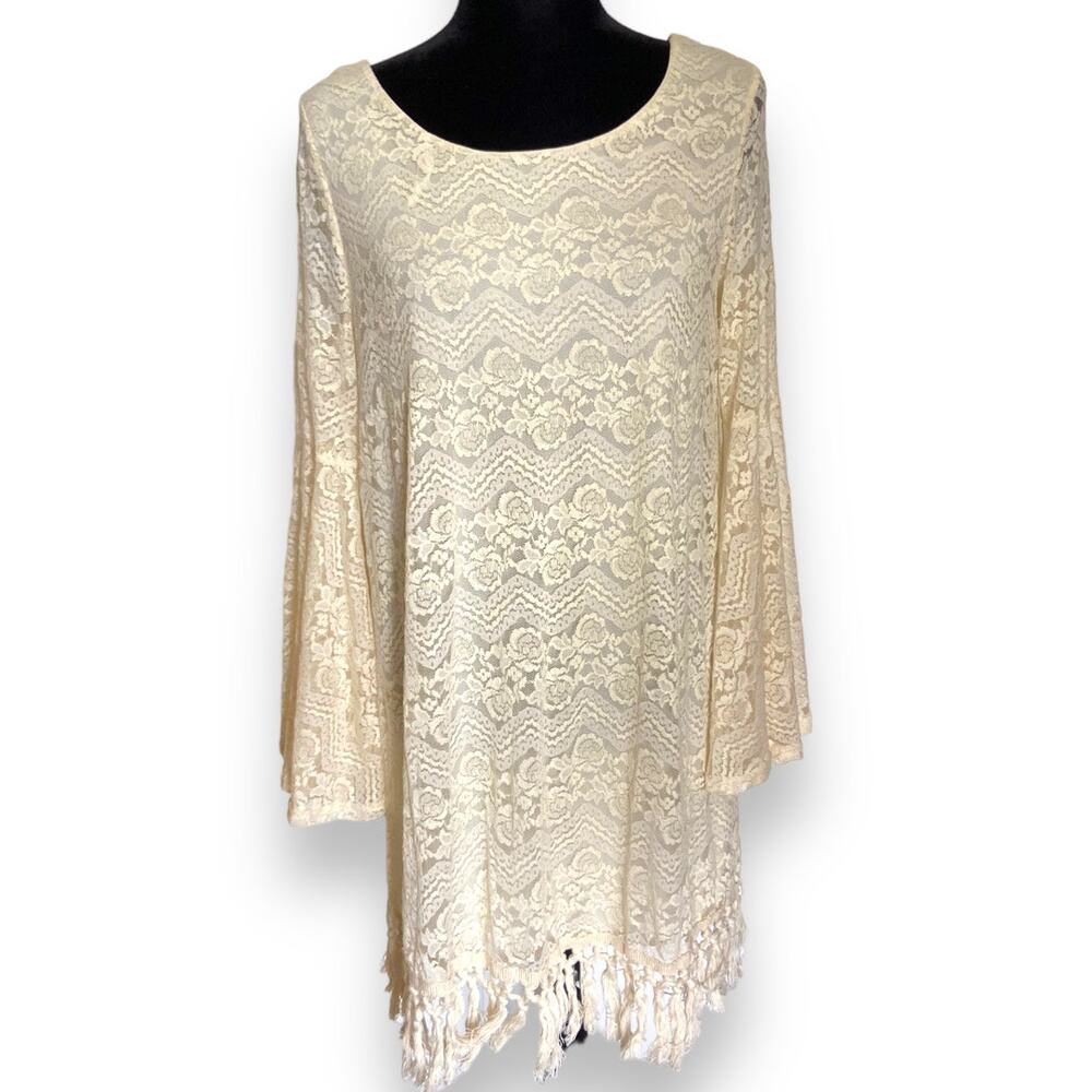 Jodifl Womens Dress Size M Cream Lace Overlay Boho Bell Sleeves‎ Hippie NEW